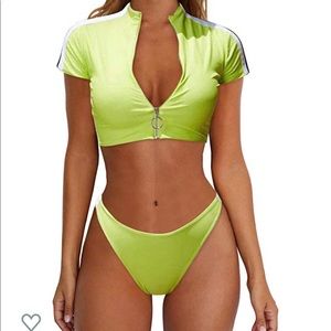 Swim - Neon Two Piece Swimsuit With Exposed Zipper Swim - Neon Two Piece Swimsuit With Exposed Zipper